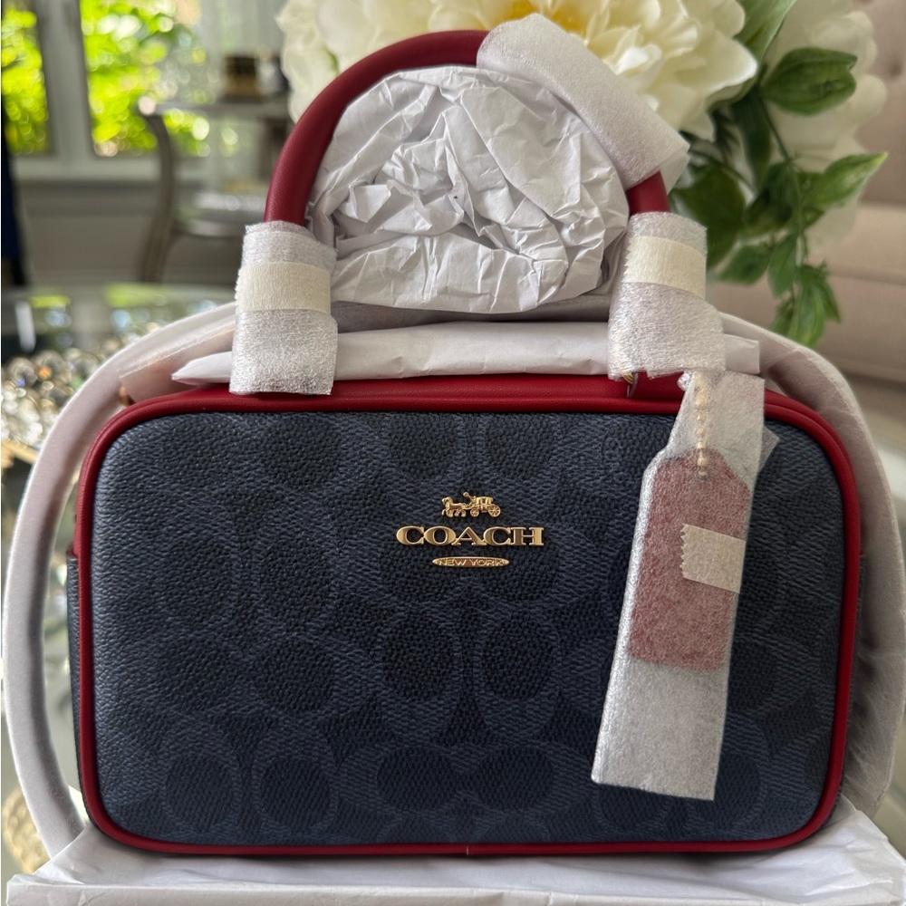 Satchel Crossbody Bag In Signature Canvas Denim/Bold Red CW197 - Picture 2 of 16